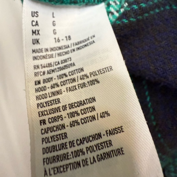 AE Vintage Boyfriend Sherpa Lined Hooded Flannel Jacket Green Plaid Size L - Picture 9 of 9